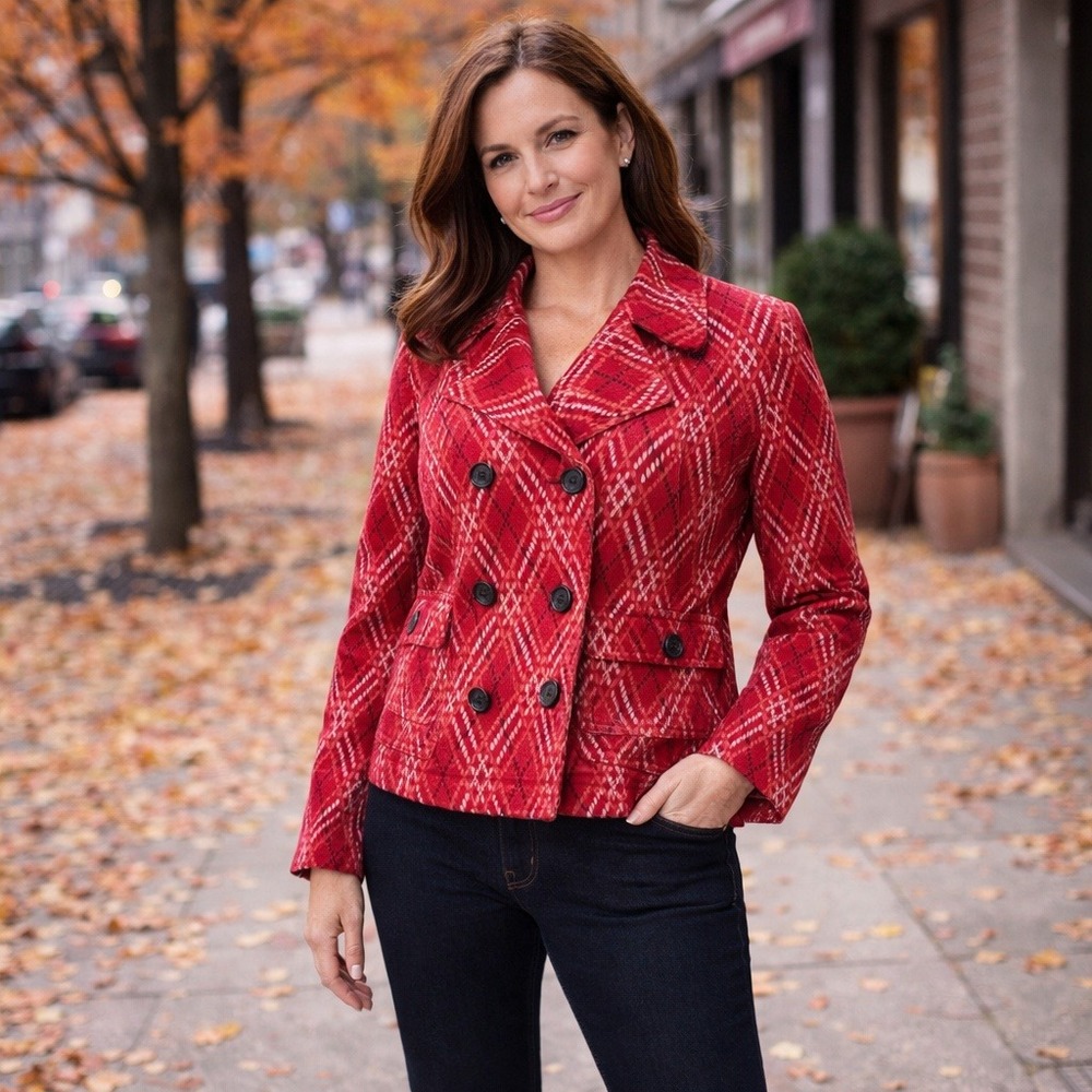 Harold's‎ Red Argyle Jacket Women's Large Double Breasted Cotton Blazer Coat